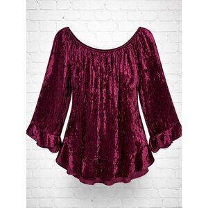 New NWTCrushed Velvet Velour Burgundy Bell Sleeve Whimsigoth Scalloped Blouse 3X
